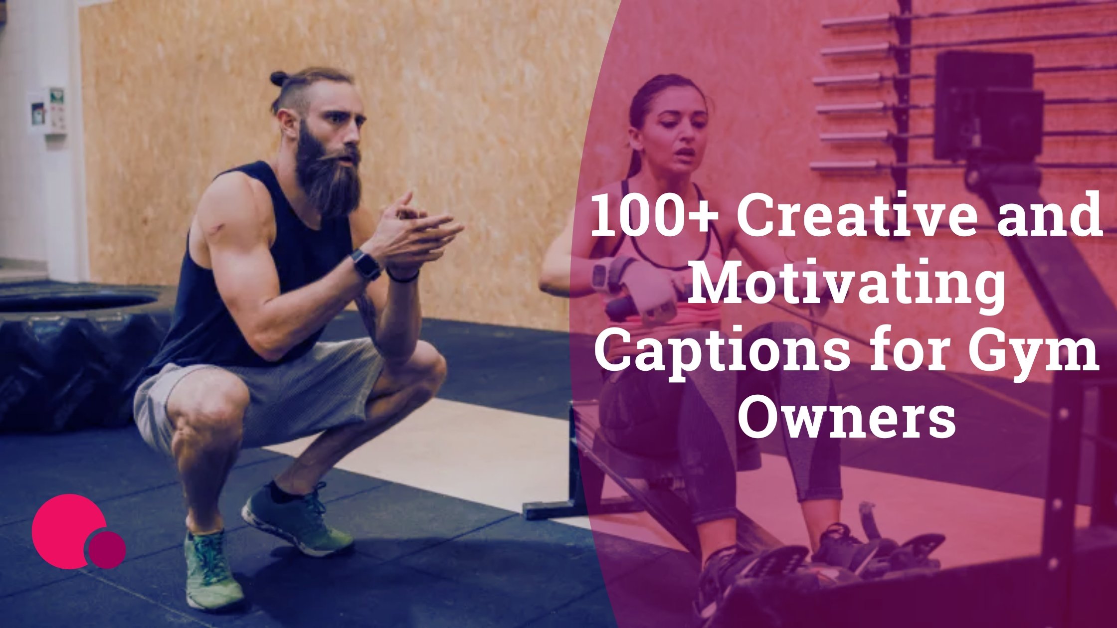 Woman working out on a rowing machine in a personal training session, next to the title "100+ creative and motivating captions for gym owners"