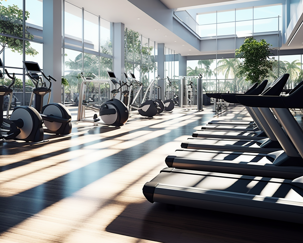 Cardio machines in a large, open gym space.