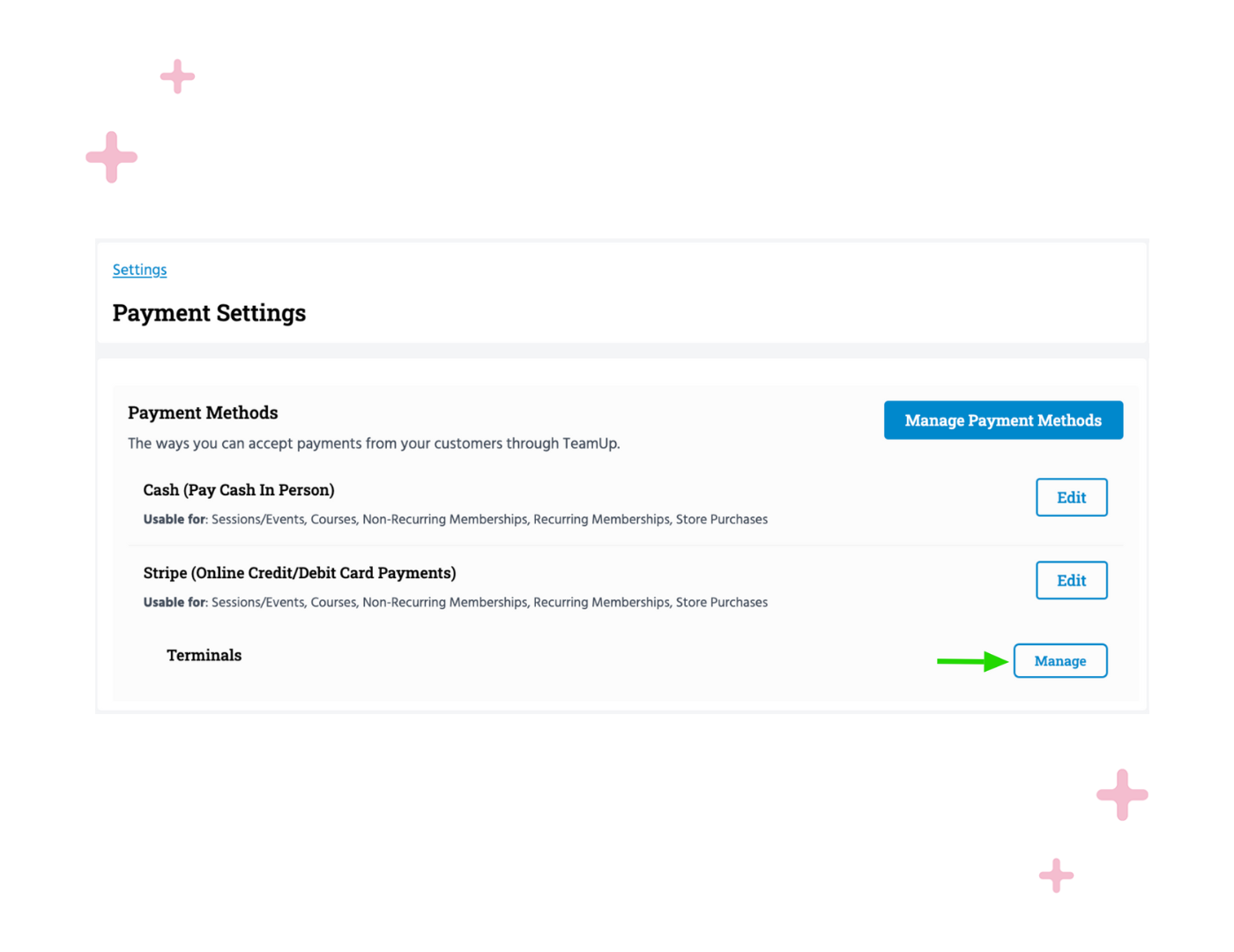 The TeamUp account interface to set up a Stripe Terminal.