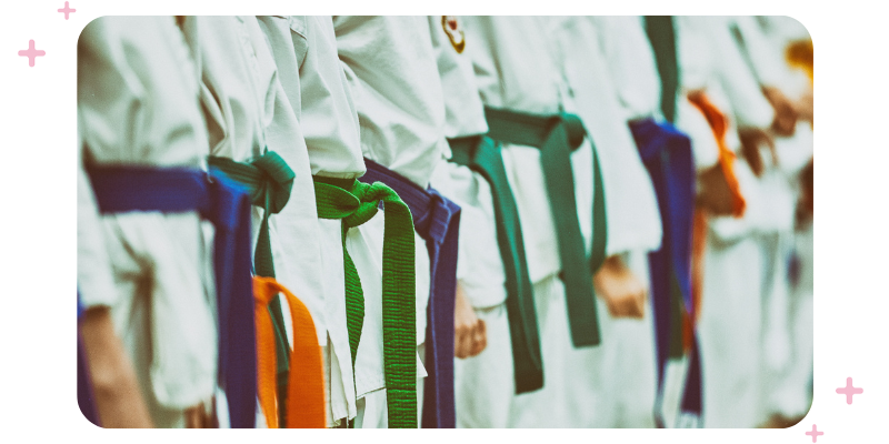 Martial arts students lining up wearing their martial arts belts