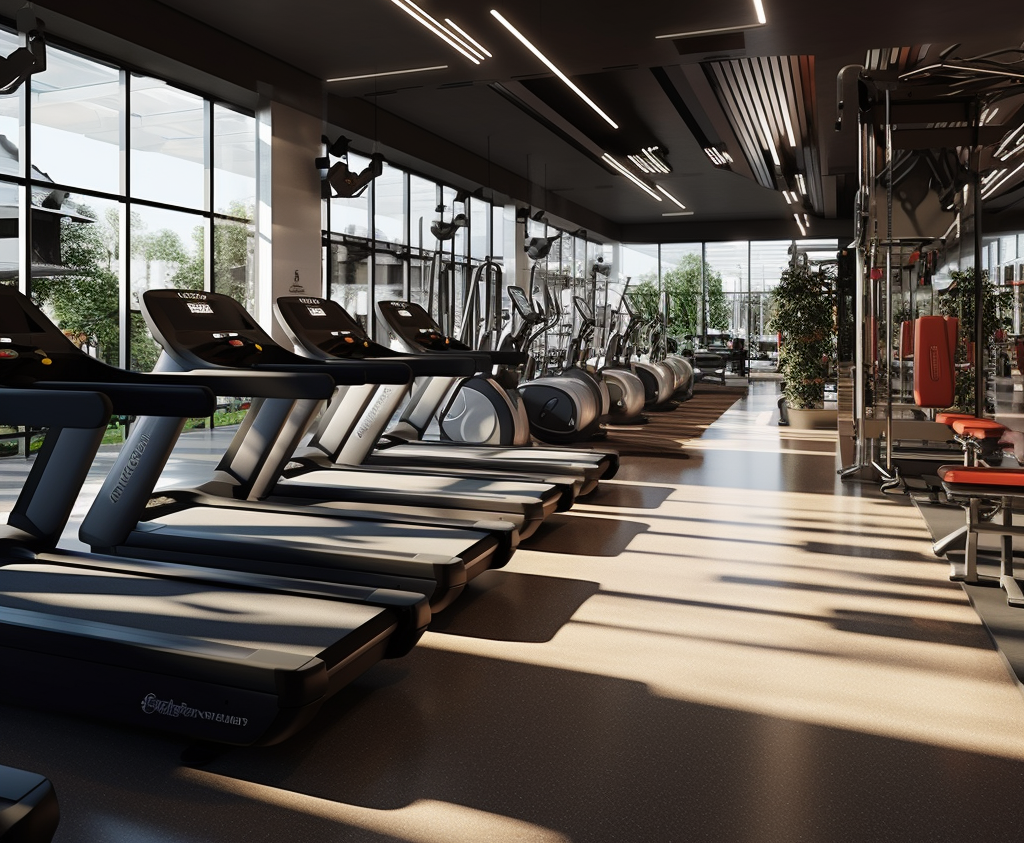 Cardio machines in a large gym space.