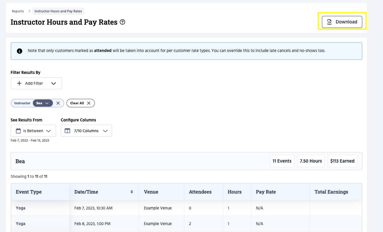 The Instructor Hours and Pay Rates report with the Download button in the top right corner highlighted in yellow.