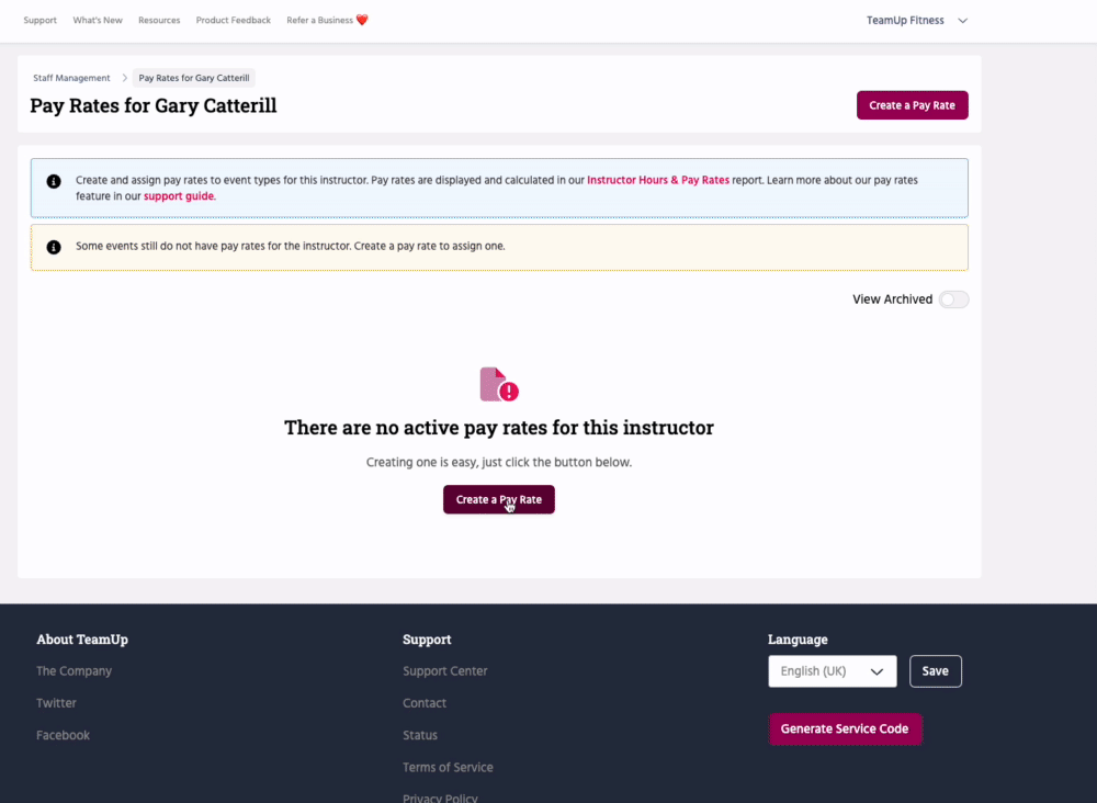 The Pay Rate create form for an instructor.