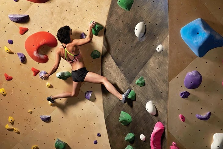 A gym with a rock climbing wall.