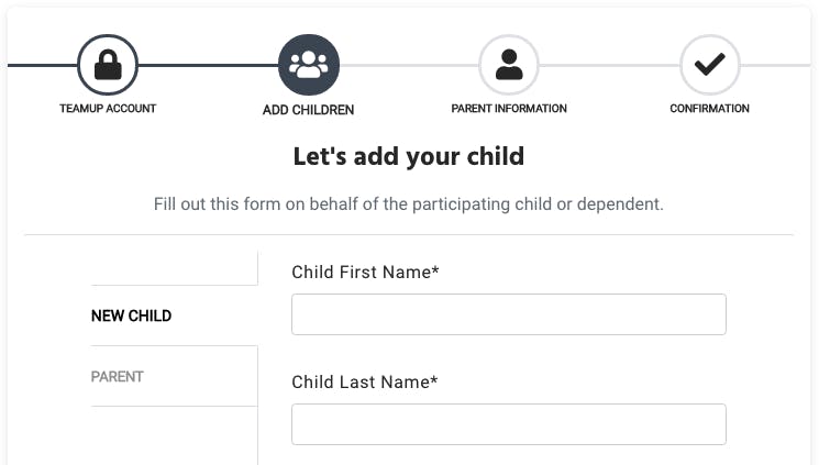 Image is screenshot that says "Add Children" and "New Child" or "Parent." The visible fields are "Child First Name" and "Child Last Name."