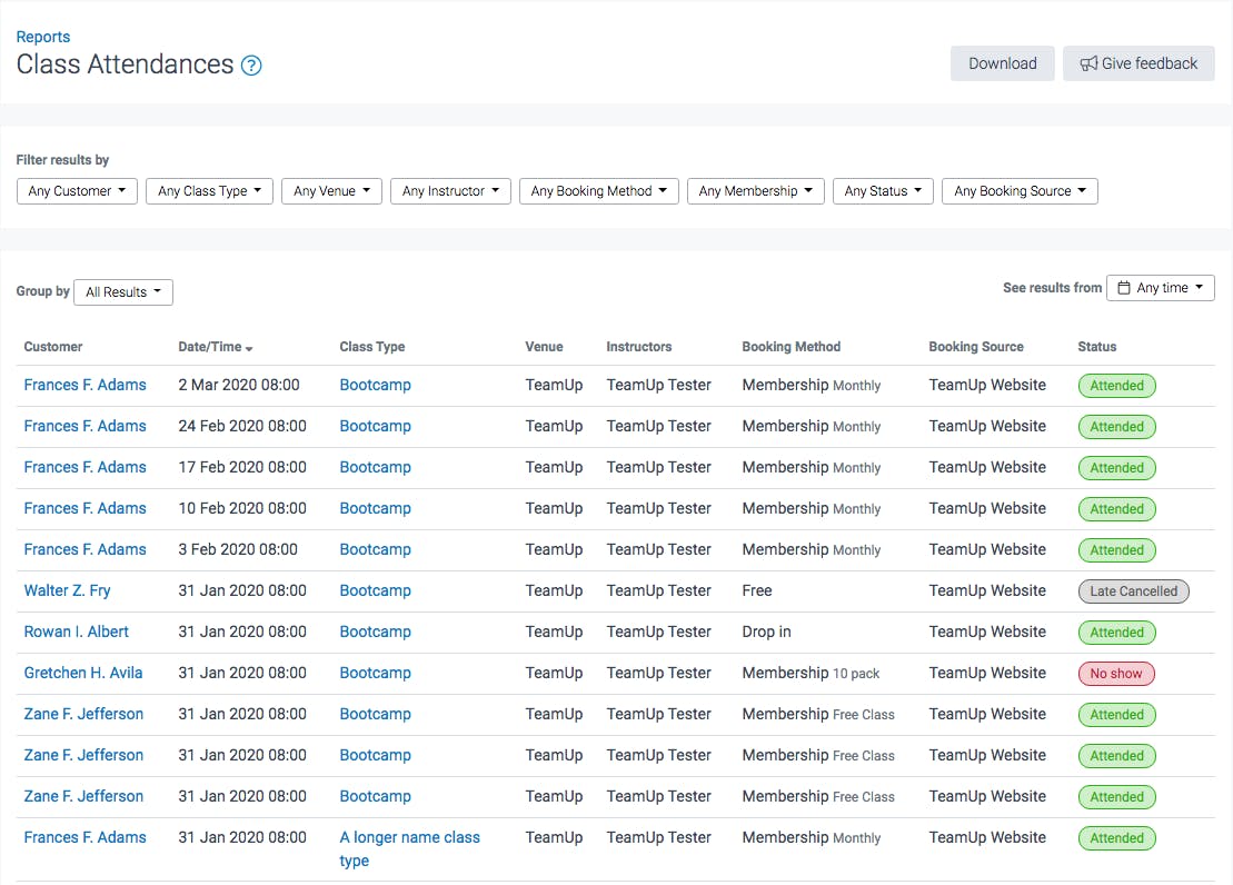 Image shows attendance report leaderboard on the TeamUp dashboard.