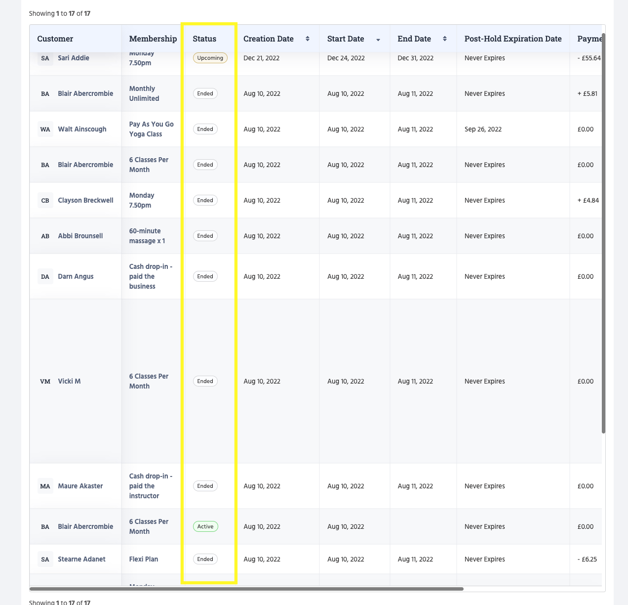 Membership Holds report with the hold status column highlighted.