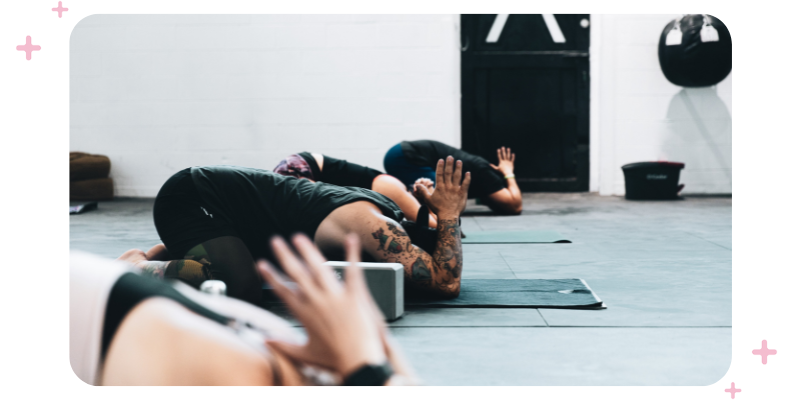 A yoga class in a studio.